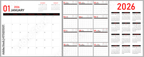 2026 Calendar Planner | Template of Monthly Page, Annual | Vector layout for wall, desk calendar with week starts on Sunday | Modern calendar with previous and next month info. and black and red fonts