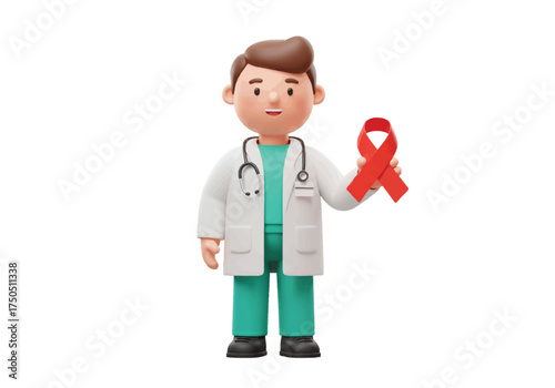 A 3D cartoon male doctor in a white coat and stethoscope holding a red ribbon for AIDS awareness.