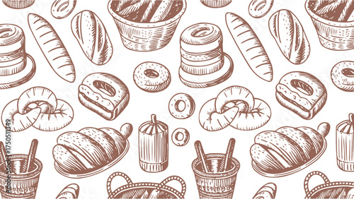 Hand drawn bakery pattern with bread croissant pretzel and pastry illustrations for packaging design and cafe background