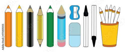 Drawing Writing Tools Pencil Eraser Sharpener Cup Stationery Vector Illustration