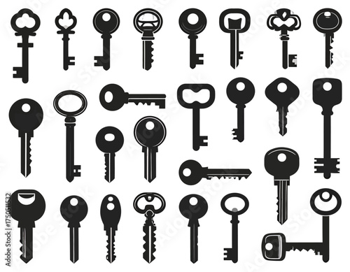 A collection of diverse antique and modern key silhouettes on a white background