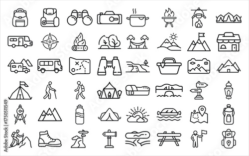 Collection of hand drawn camping and outdoor adventure icons