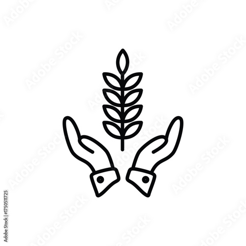 Stylized graphic of hands protectively surrounding wheat stalk monochromatic minimalist design