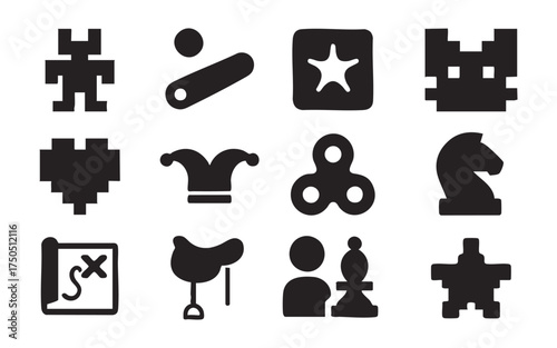 Playful Gaming and Toy Icon Set – Pixel Character, Alien, Heart, Chess, Puzzle, Map, and Jester Hat – Minimal Black Vector Pack
