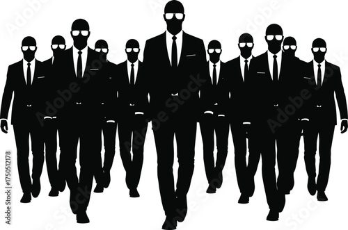 Silhouettes of confident serious male secret service agents bodyguards in black suits sunglasses walking forward a concept of security protection authority power and corporate business teamwork.