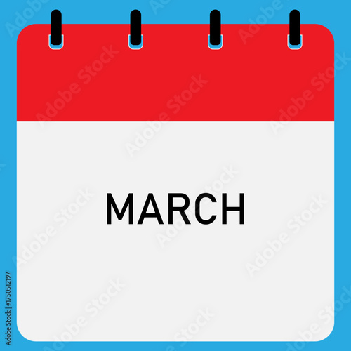 Monthly calendar demo with red header | Month of March straight binding modern calendar diagram for office, company, business, organization, education