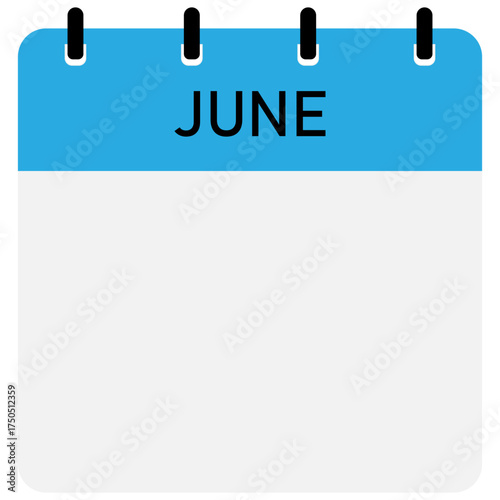 Day calendar with of month June with straight binding | Vector flat monthly calendar icon with blue header | Date and time, day, month. Holiday