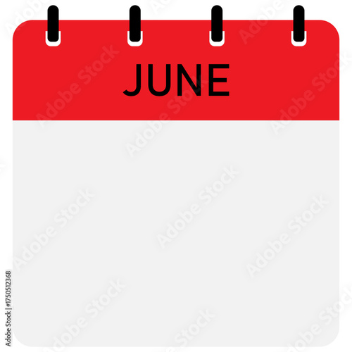 Day calendar with of month June with straight binding | Vector flat monthly calendar icon with red header | Date and time, day, month. Holiday