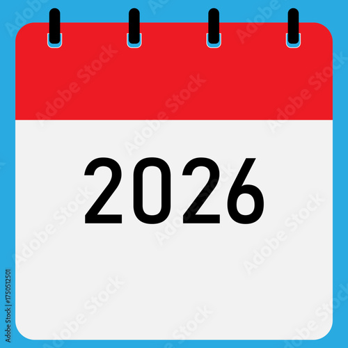 2026-year folding calendar demo with red header and straight binding on blue background