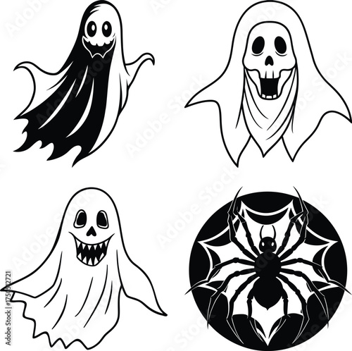 Cute Halloween ghosts and pumpkins create a festive spooky season vibe for decorations and seasonal designs
