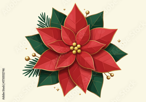 A stylized illustration of a red poinsettia, the classic Christmas flower, with green leaves and golden accents.