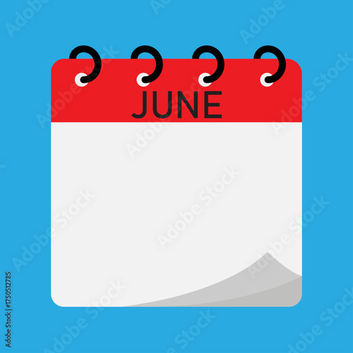 June month folding calendar demo with red header and spiral binding on blue background