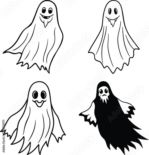 Cute Halloween ghosts and pumpkins create a festive spooky season vibe for decorations and seasonal designs
