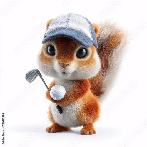 Cute 3D Cartoon Squirrel Playing Golf on a White Background