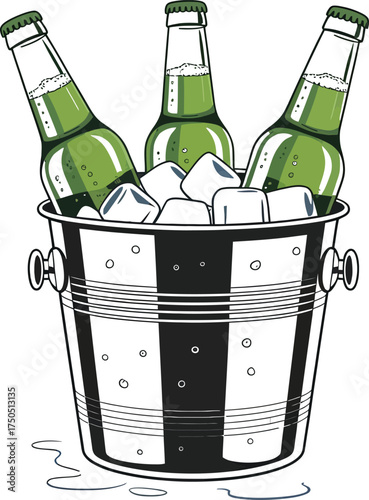 Vector Chilled Beer in a Bucket: Three Green Bottles Cooling in an Ice Bucket.
