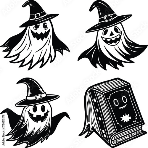 Cute Halloween ghosts and pumpkins create a festive spooky season vibe for decorations and seasonal designs
