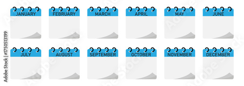 Twelve-month spiral binding calendar demo with blue header and empty space for text | Folding diagram for monthly note calendar diagram