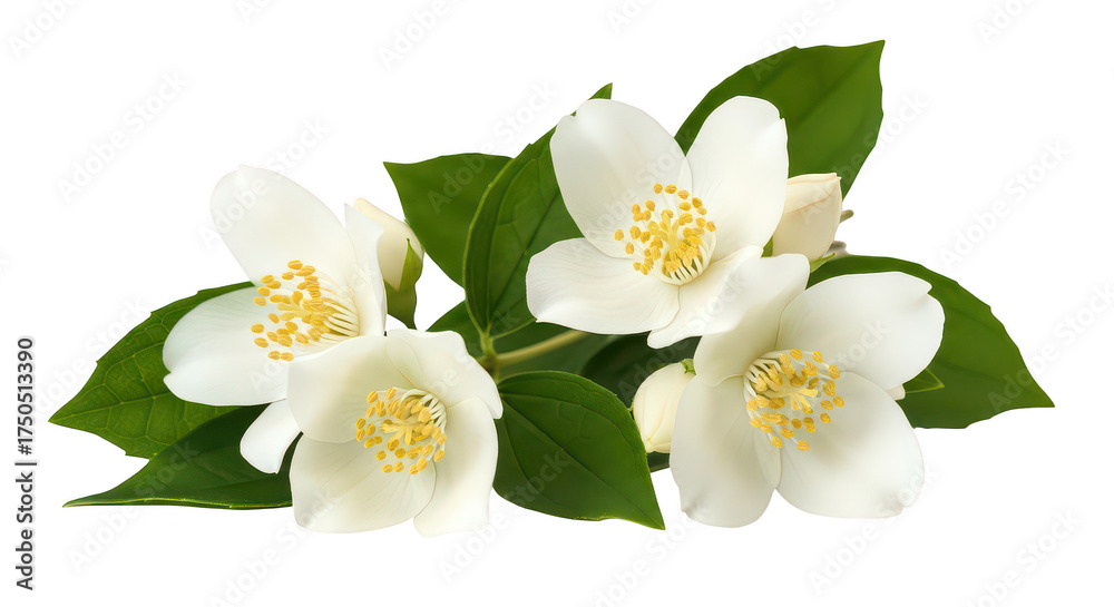 Obraz premium Elegant White Jasmine Flowers With Green Leaves On Black Background