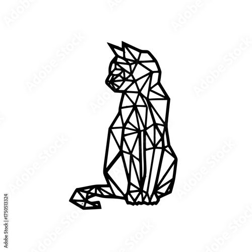 Geometric Cat Polygonal Line Art Illustration Isolated on Transparent Background. Modern, abstract low-poly style black outline of a seated feline, ideal for laser cutting, logos, and edgy decor.

