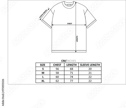 T shirt size chart flat sketch technical drawing mock up flat sketch