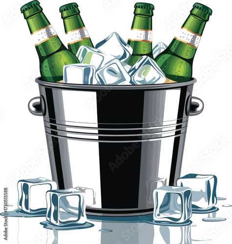 
Vector Chilled Beer in a Bucket: Four Bottles Cooling in an Ice Bucket.

