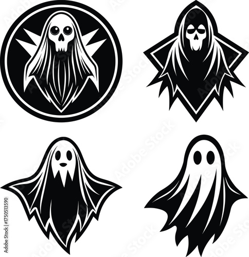 Cute Halloween ghosts and pumpkins create a festive spooky season vibe for decorations and seasonal designs

