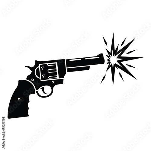 Silhouette of a firing revolver isolated on white background