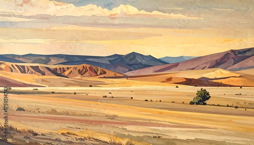 A watercolor painting of a vast, arid landscape with distant mountains and a cloudy sky. The foreground shows dry grasses and scrub