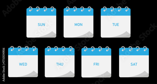 Spiral binding seven days calendar demo | Seven days planning calendar diagram with empty space for text with blue header on black background