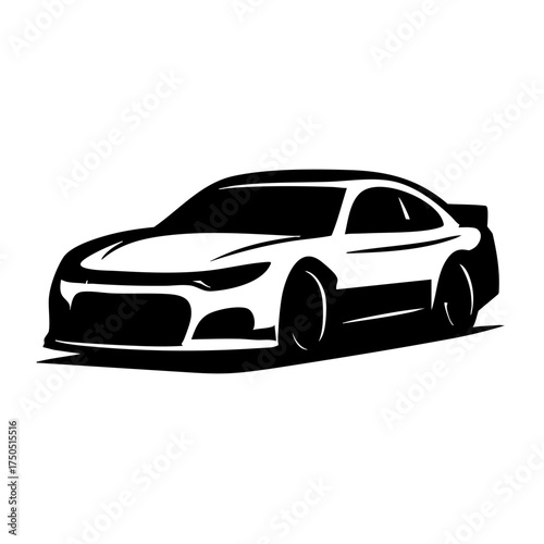 Minimalist silhouette of a race car racing forward, strong contrast