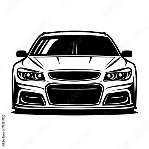 Monochrome illustration of a car front view, headlights and grill detailed