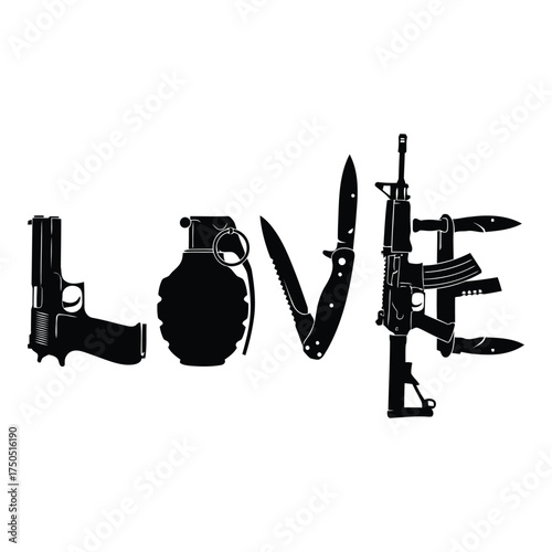 Love spelled with weapons silhouette isolated on white background