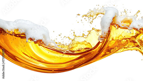 Golden liquid with frothy foam, splashing and creating a wave on black