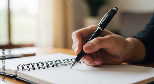 Closeup of a persons hand holding a pen and writing in a spiral notebook on a desk