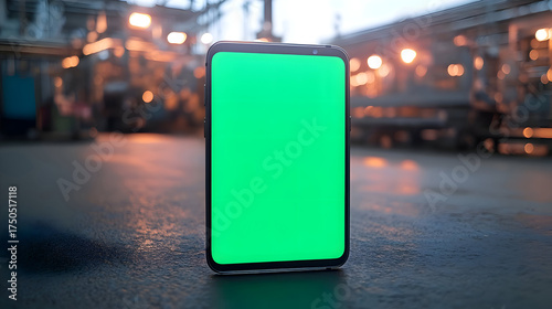 Smartphone with Green Screen Display Standing on Urban Surface at Night