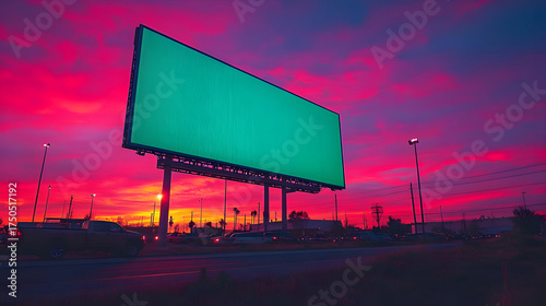 Green Billboard Against Dramatic Pink Sunset Sky in Urban Setting