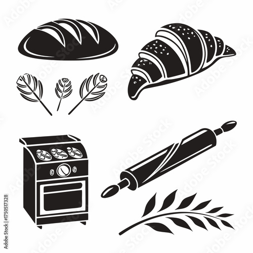 Vector art of bakery set featuring bread, croissant, oven and rolling pin