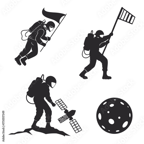 Vector art of astronauts planting flag on the moon in silhouette style