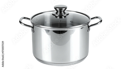 Shiny stainless steel cooking pot with glass lid and looped handles, isolated