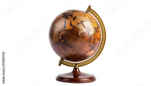 Wooden globe with golden meridian and stand, depicting continents and oceans, isolated