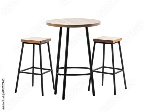 A small round wooden table and two matching stools set against a black background