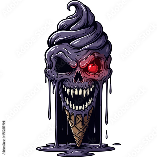 Vampire Ice Cream: Melting ice cream with a toothy skull. A creative mix of food and fantasy themes, digitally drawn art vector illustration.