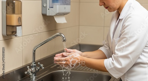 Person washing hands thoroughly under running water in a sink with soap dispenser and paper towel holder in background