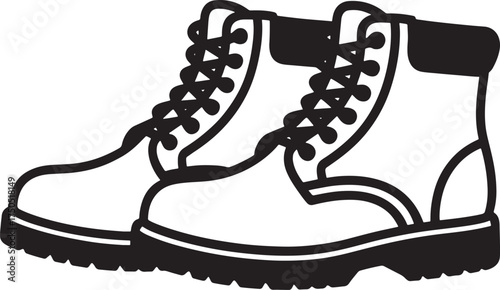 Black and White Illustration of Work Boots on White Background Keywords: boots, work boots, footwear