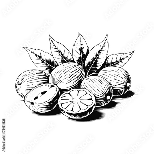 Hand drawn shea nuts and leaves detailed botanical vector illustration for natural skincare label and organic product t shirt design
