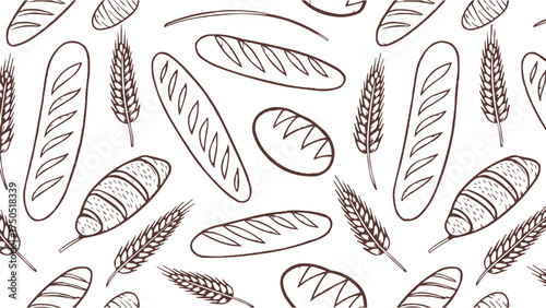 Seamless pattern of hand drawn bread loaves and wheat ears vector illustration for bakery branding packaging and t shirt design