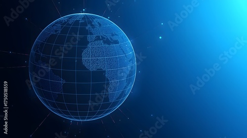 Digital holographic globe with glowing network connections representing global technology, communication, data exchange, and futuristic connectivity, symbolizing innovation, worldwide connection, and 