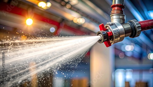 Close-up of industrial fire suppression system spraying water, showing the nozzle and flow. Intense light and blur effect