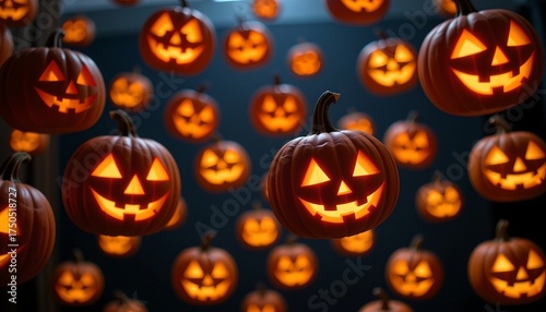 The backdrop of carved pumpkins floating in mid-air, with strange lights shining through their eyes, creates an eerie and mysterious Halloween atmosphere.