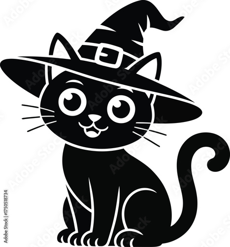 Cute black cat wearing witch hat illustration for halloween season